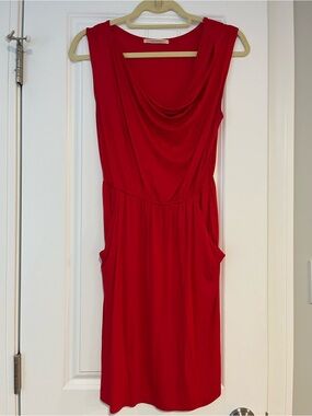 Women's Red Midi Dress with Draped Neckline